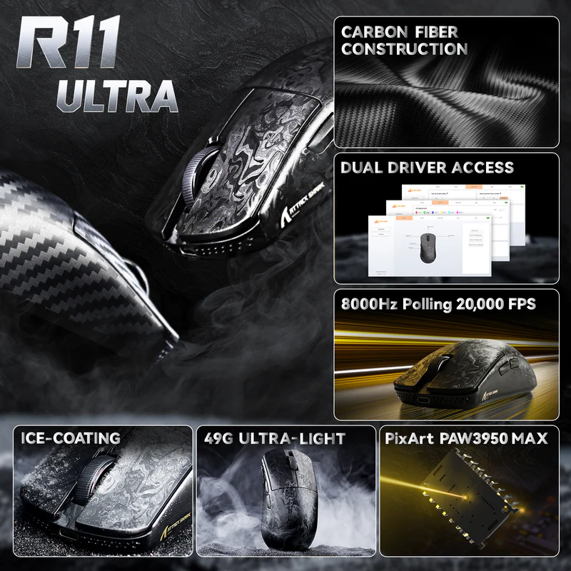 ATTACK SHARK R11 ULTRA Carbon Fiber Wireless Gaming Mouse With C06 Coiled Cable Forged Black - Vue 2 | Mouse Maroc
