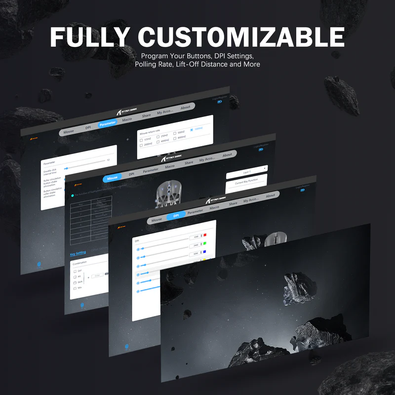 ATTACK SHARK R2 45g Magnesium Alloy Gaming Mouse – 8K Wireless, PAW3950 Sensor, 42000 DPI, Tri-Mode Connectivity (Grey) - Vue 8 | Mouse Maroc