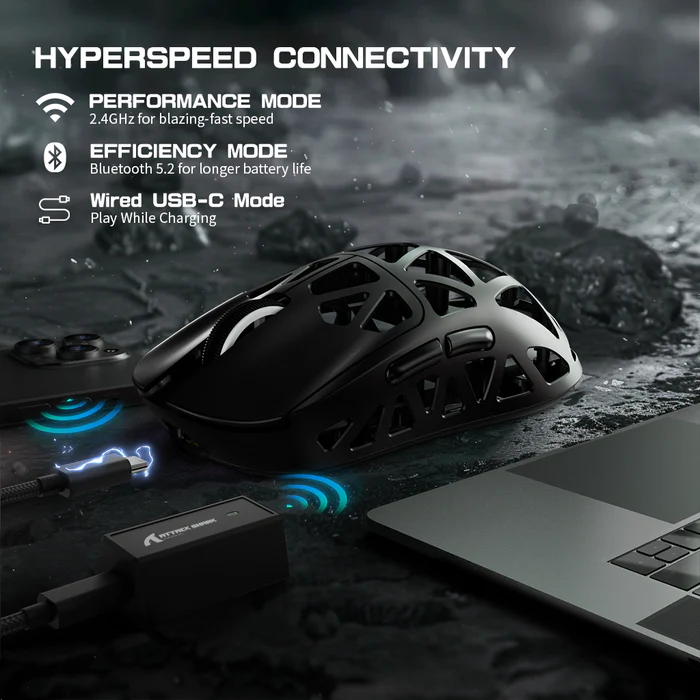 ATTACK SHARK R2 45g Magnesium Alloy Gaming Mouse - 8K Wireless, PAW3950 Sensor, 42000 DPI, Tri-Mode Connectivity (Black) - Vue 5 | Mouse Maroc