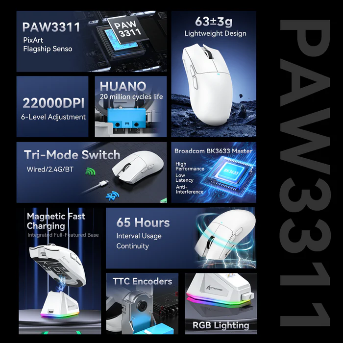 ATTACK SHARK X11 Wireless Gaming Mouse with Charging Dock (white) - Mouse photo 3 - Epic Key Morocco