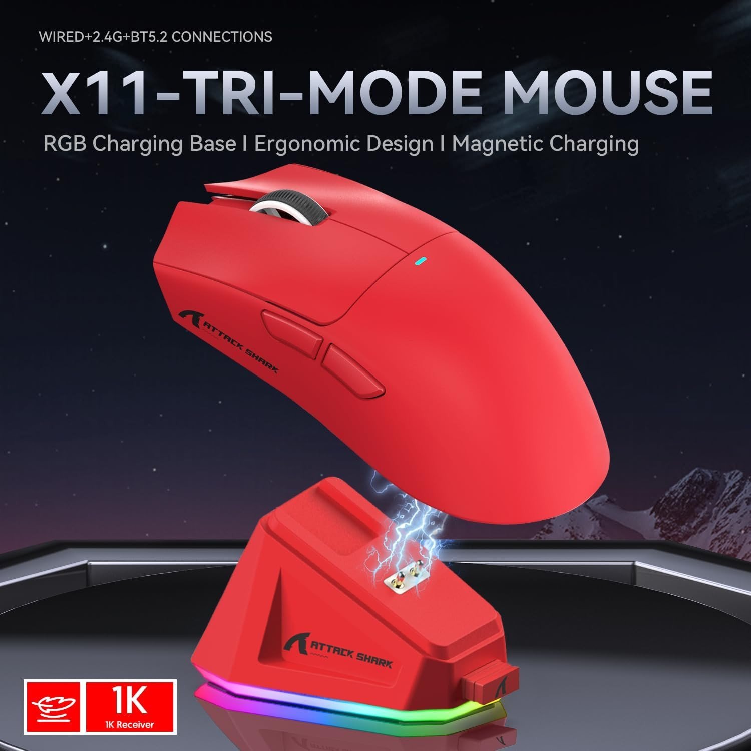 ATTACK SHARK X11 Wireless Gaming Mouse with Charging Dock (Red) No stickers - Vue 3 | Mouse Maroc