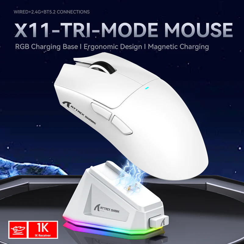 ATTACK SHARK X11 Wireless Gaming Mouse with Charging Dock (white) (No Stickers) - Vue 4 | Mouse Maroc