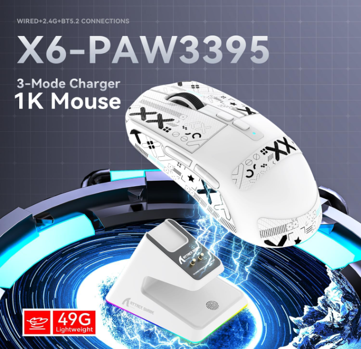 ATTACK SHARK X6 Lightweight Wireless Gaming (White) - Vue 4 | Mouse Maroc