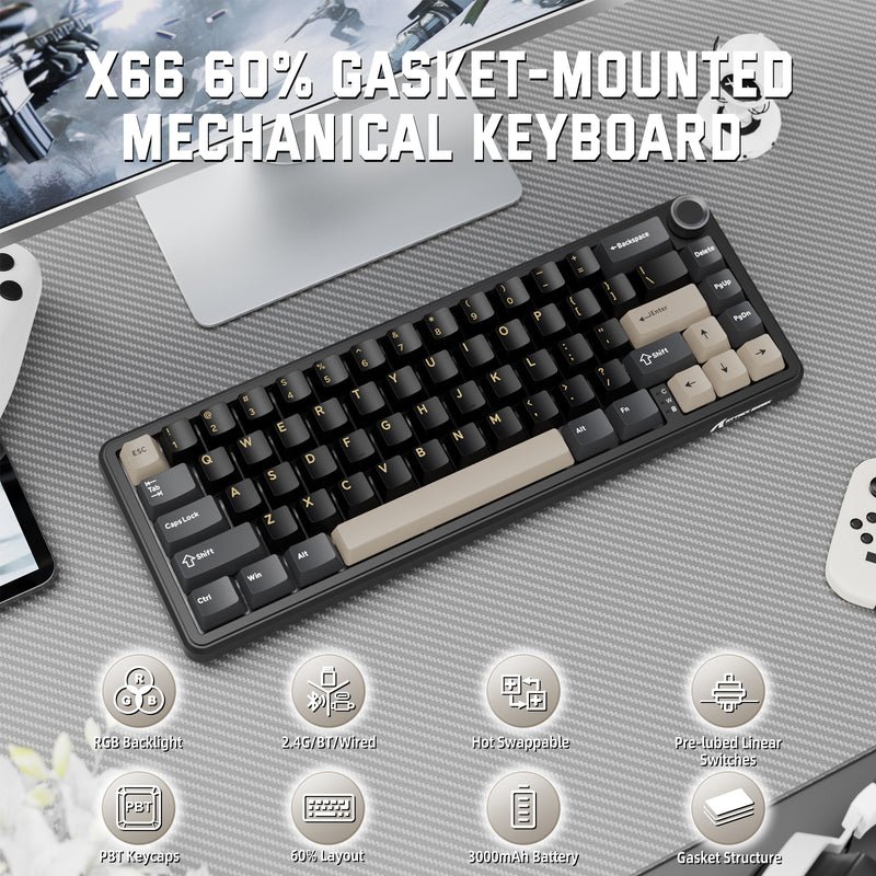 ATTACK SHARK X66 60% Wireless Mechanical Keyboard – Gasket Mount, Tri-Mode, Pre-Lubed Switches, RGB, PBT Keycaps (Starry Black) - Vue 5 | Mechanical Keyboard Maroc