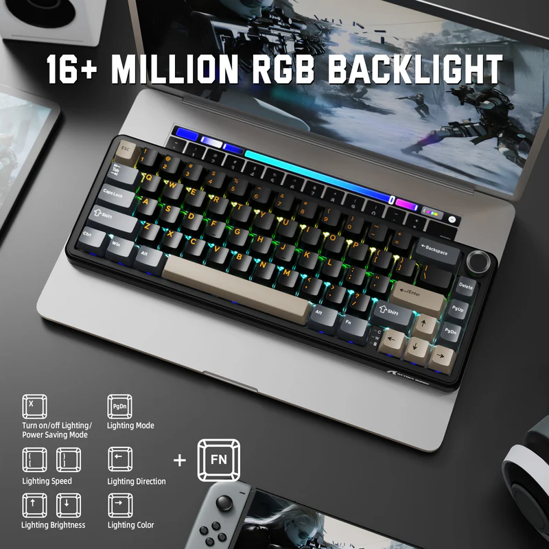 ATTACK SHARK X66 60% Wireless Mechanical Keyboard – Gasket Mount, Tri-Mode, Pre-Lubed Switches, RGB, PBT Keycaps (Starry Black) - Vue 8 | Mechanical Keyboard Maroc