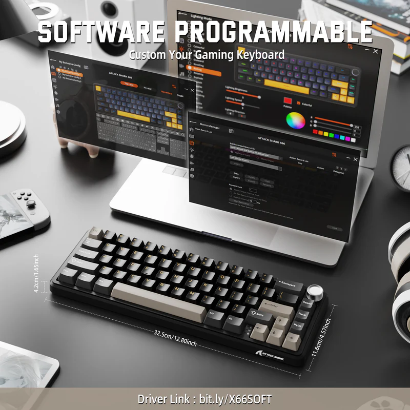 ATTACK SHARK X66 60% Wireless Mechanical Keyboard - Gasket Mount, Tri-Mode, Pre-Lubed Switches, RGB, PBT Keycaps (Starry Black) - Vue 4 | Keyboard Maroc