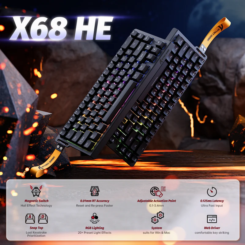 ATTACK SHARK X68 HE 60% Magnetic Rapid Trigger Keyboard – 8KHz Polling, Adjustable Actuation, RGB Backlit, Snap Tap & DKS Support - Vue 2 | Keyboard Maroc