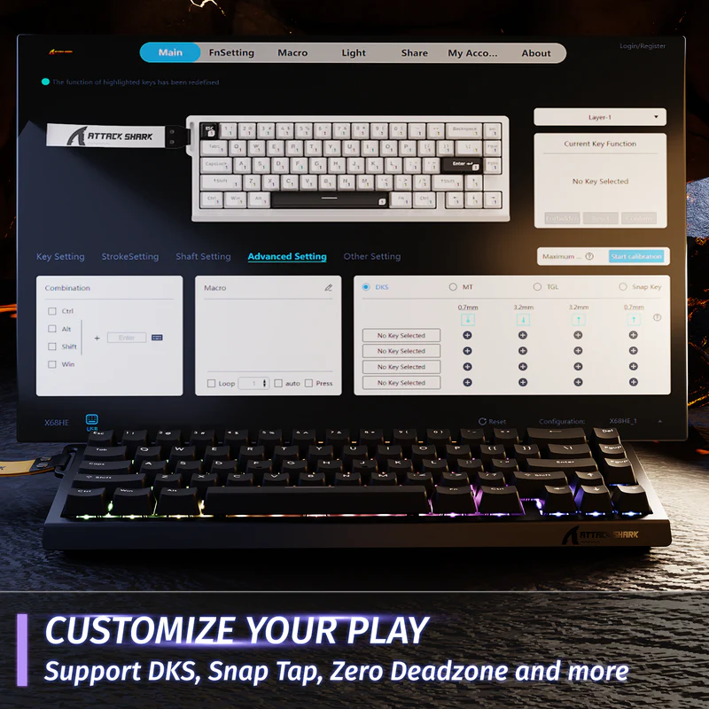 ATTACK SHARK X68 HE 60% Magnetic Rapid Trigger Keyboard – 8KHz Polling, Adjustable Actuation, RGB Backlit, Snap Tap & DKS Support - Vue 6 | Keyboard Maroc