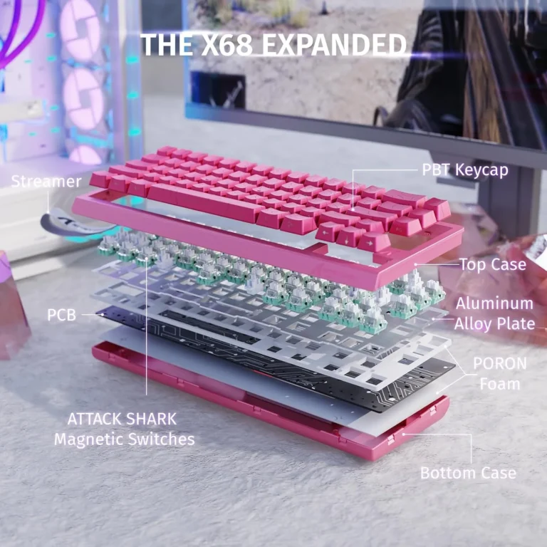 ATTACK SHARK X68 HE Rapid Trigger Keyboard Magnetic Switch (Pink Contours) - Keyboard photo 4 - Epic Key Morocco