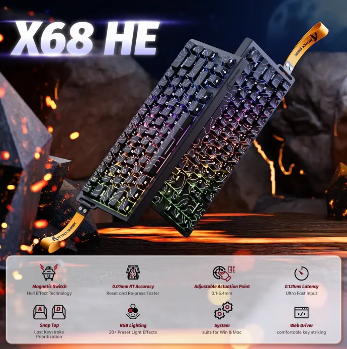ATTACK SHARK X68 HE Rapid Trigger Magnetic Switch Keyboard Black Contours - Keyboard photo 2 - Epic Key Morocco