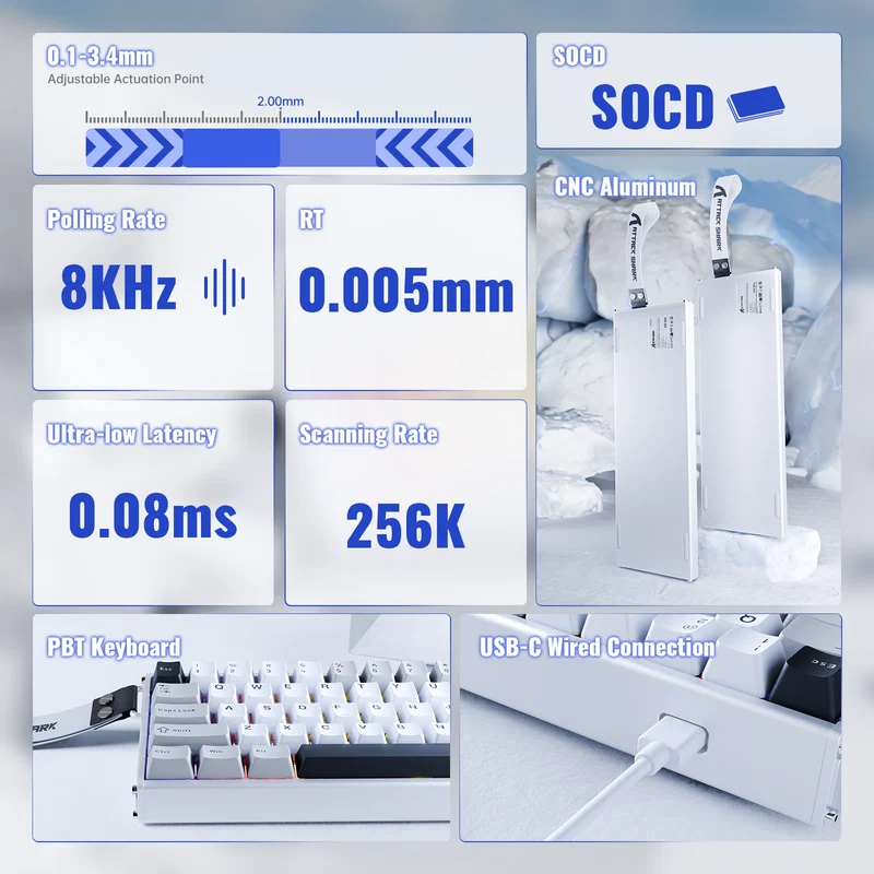 ATTACK SHARK X68 MAX HE Rapid Trigger Aluminum Keyboard Magnetic Switch - Vue 4 | Magnetic Keyboards Maroc