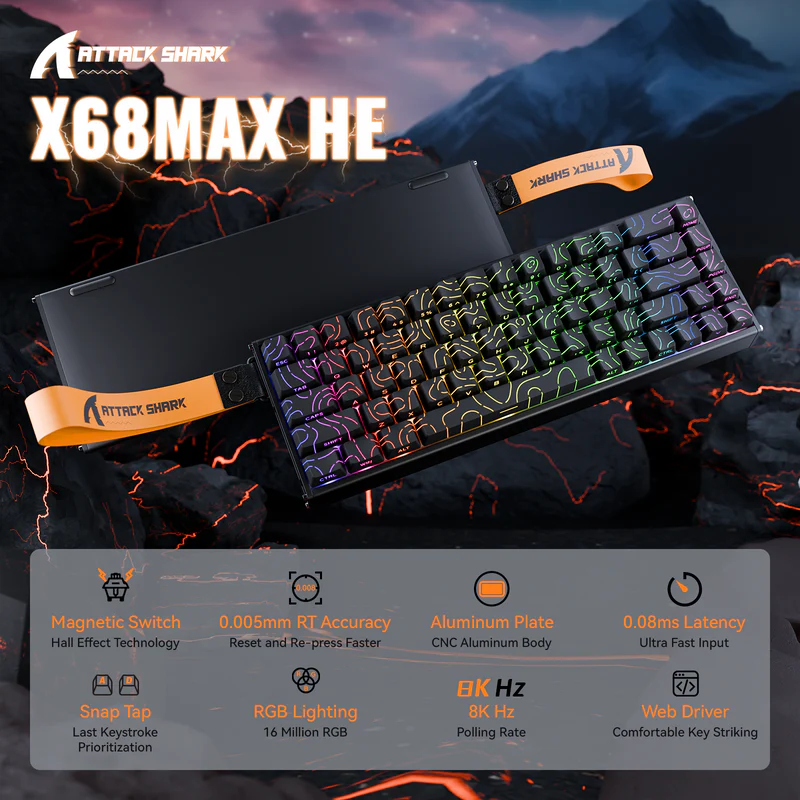 ATTACK SHARK X68 MAX HE Rapid Trigger Aluminum Keyboard Magnetic Switch (Black Contours) - Vue 2 | Magnetic Keyboards Maroc