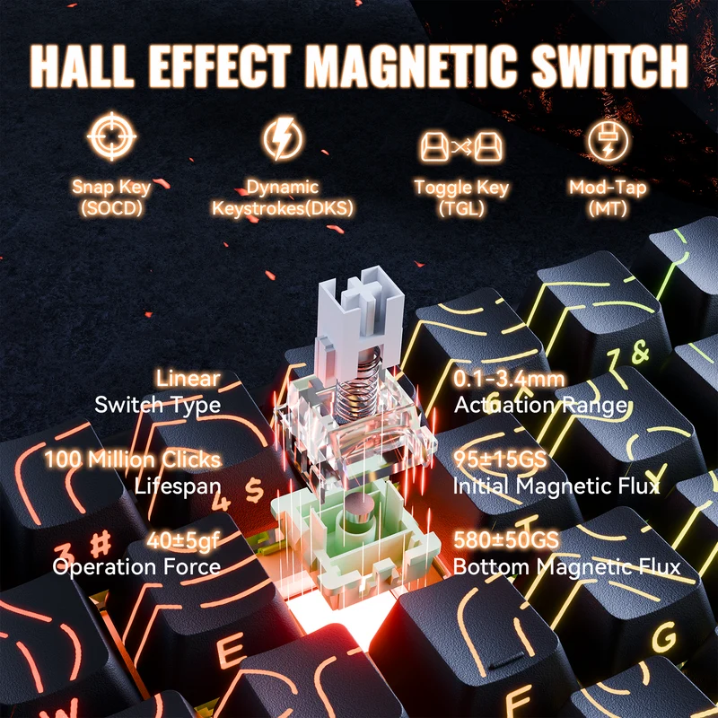 ATTACK SHARK X68 MAX HE Rapid Trigger Aluminum Keyboard Magnetic Switch (Black Contours) - Vue 4 | Magnetic Keyboards Maroc