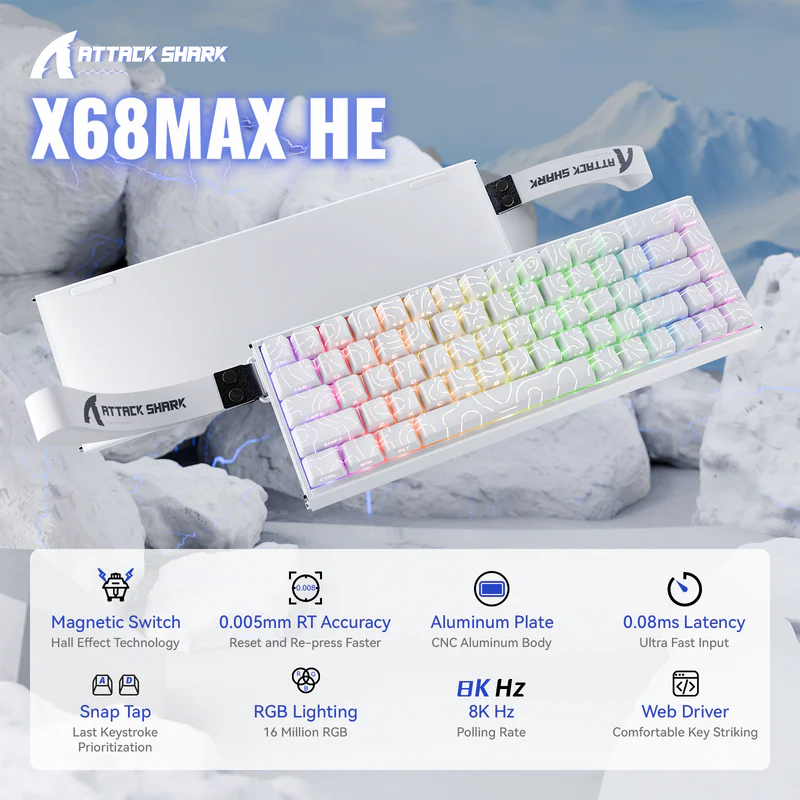 ATTACK SHARK X68 MAX HE Rapid Trigger Aluminum Keyboard Magnetic Switch (White Contours) - Vue 2 | Magnetic Keyboards Maroc