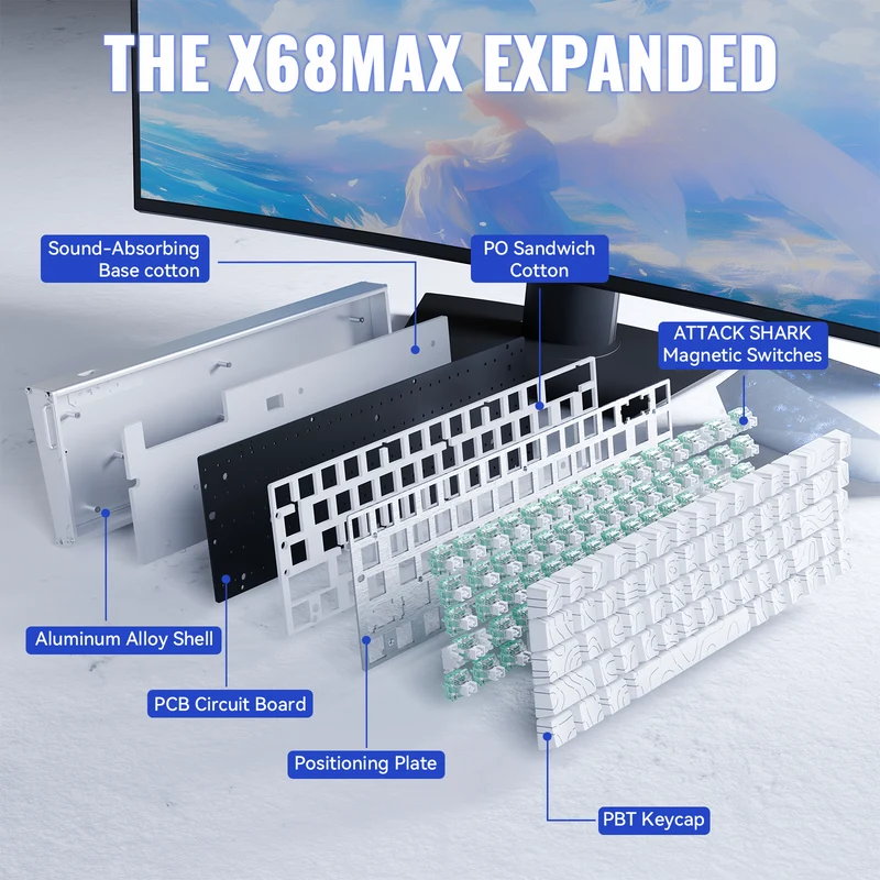 ATTACK SHARK X68 MAX HE Rapid Trigger Aluminum Keyboard Magnetic Switch (White Contours) - Vue 6 | Magnetic Keyboards Maroc
