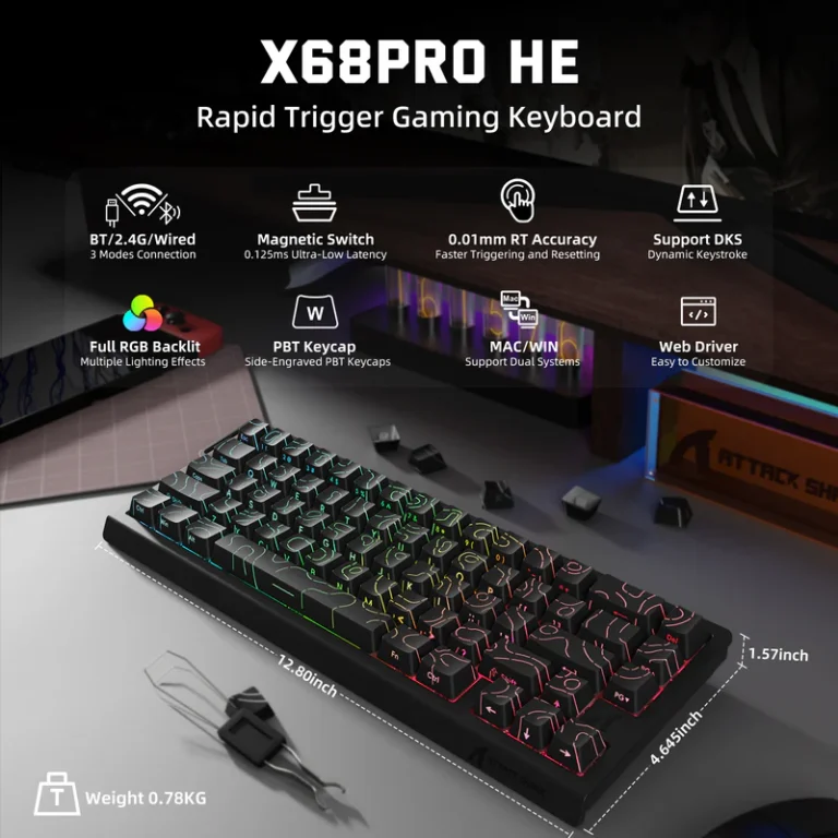 ATTACK SHARK X68PRO HE Wireless Rapid Trigger Keyboard Magnetic Switch (Black) - Keyboard photo 5 - Epic Key Morocco