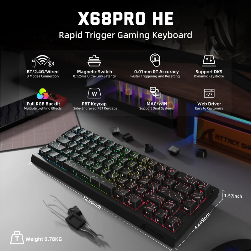 ATTACK SHARK X68PRO HE Wireless Rapid Trigger Keyboard Magnetic Switch (Black) - Vue 5 | Keyboard Maroc