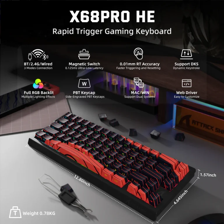 ATTACK SHARK X68PRO HE Wireless Rapid Trigger Keyboard Magnetic Switch (Red) - Keyboard photo 2 - Epic Key Morocco
