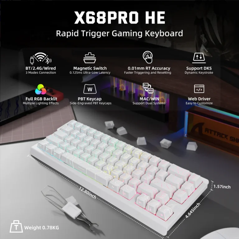 ATTACK SHARK X68PRO HE Wireless Rapid Trigger Keyboard Magnetic Switch (White) - Keyboard photo 2 - Epic Key Morocco