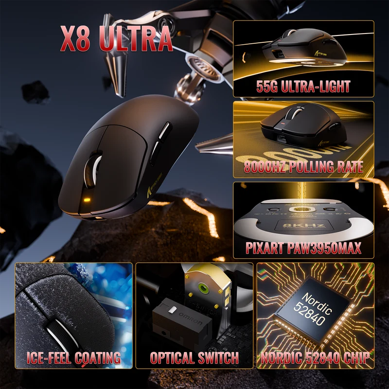ATTACK SHARK X8 Ultra (Black) - Vue 3 | Mouse Maroc