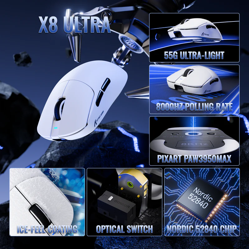 ATTACK SHARK X8 Ultra (White) - Vue 3 | Mouse Maroc