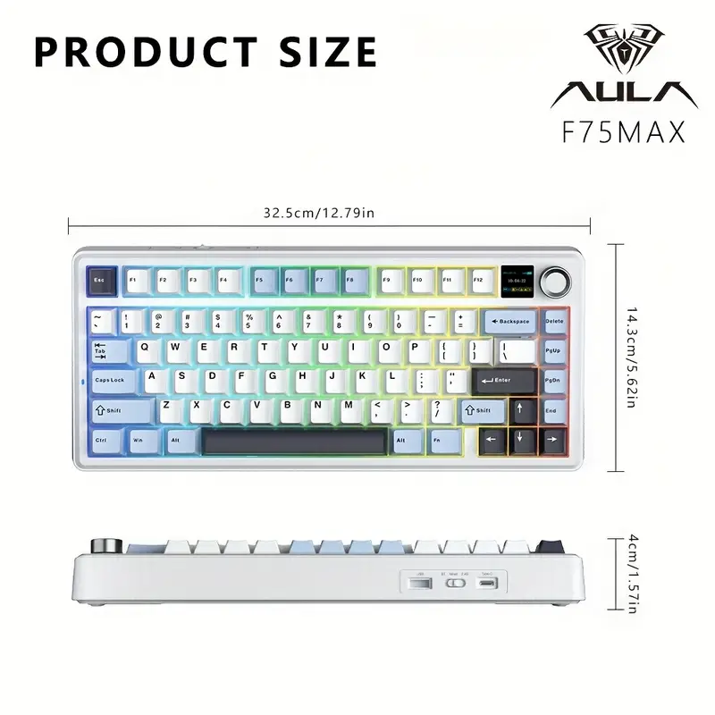 AULA F75 Max 75% Wireless Mechanical Keyboard – TFT Screen, Knob, Reaper Switches, Tri-Mode, RGB, Hot-Swappable (Glacier Blue) - Vue 4 | Mechanical Keyboard Maroc