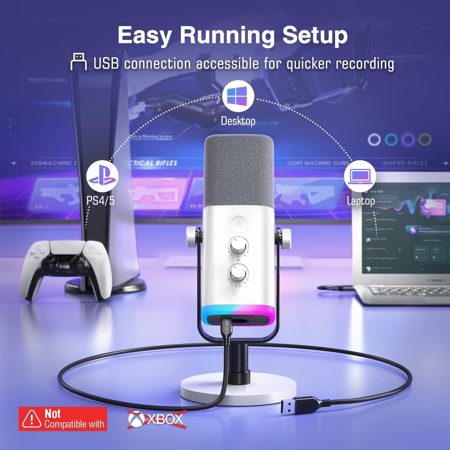 FIFINE AmpliGame AM8 USB/XLR Dynamic Microphone – RGB Lighting, Touch-Mute, Live Monitoring, Streaming Ready (White) - Vue 5 | Microphone Maroc