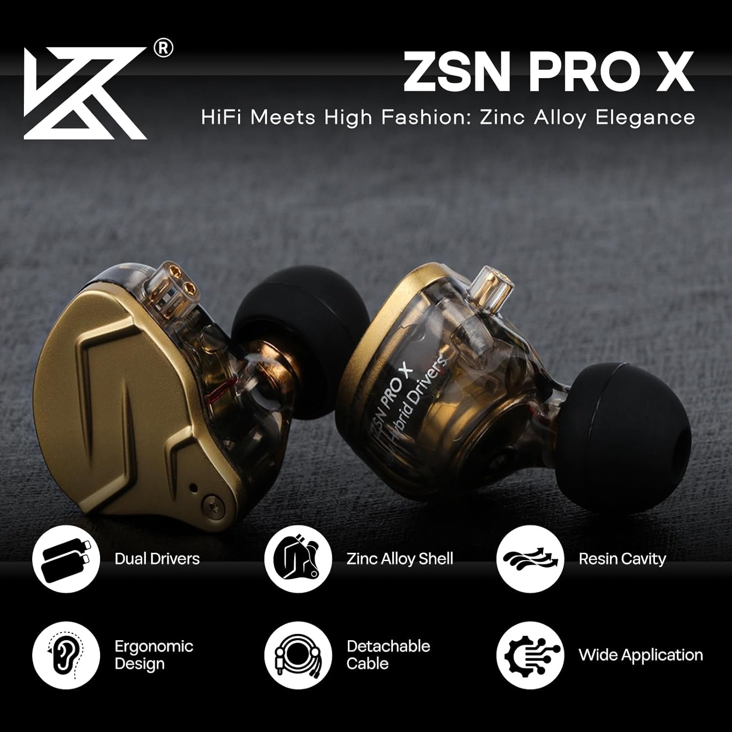KZ ZSN Pro X Gaming Earbuds – Hybrid Dual Driver IEMs, HiFi In-Ear Monitors with Mic & Detachable Cable (Gold) (With Mic) - Vue 6 | Earphones Maroc