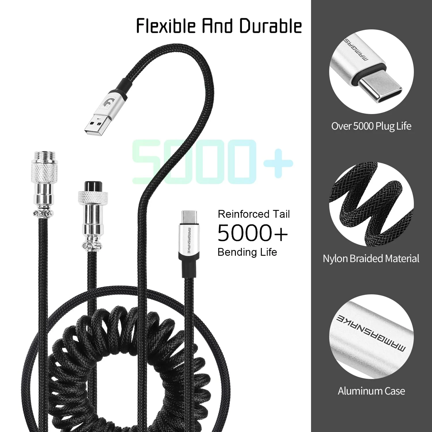 LexonElec Spiral USB-C to USB-A Aviator Cable – Coiled Mechanical Keyboard Cable, Fast Charging, Detachable Metal Connector (Black) - Vue 2 | Accessory Maroc