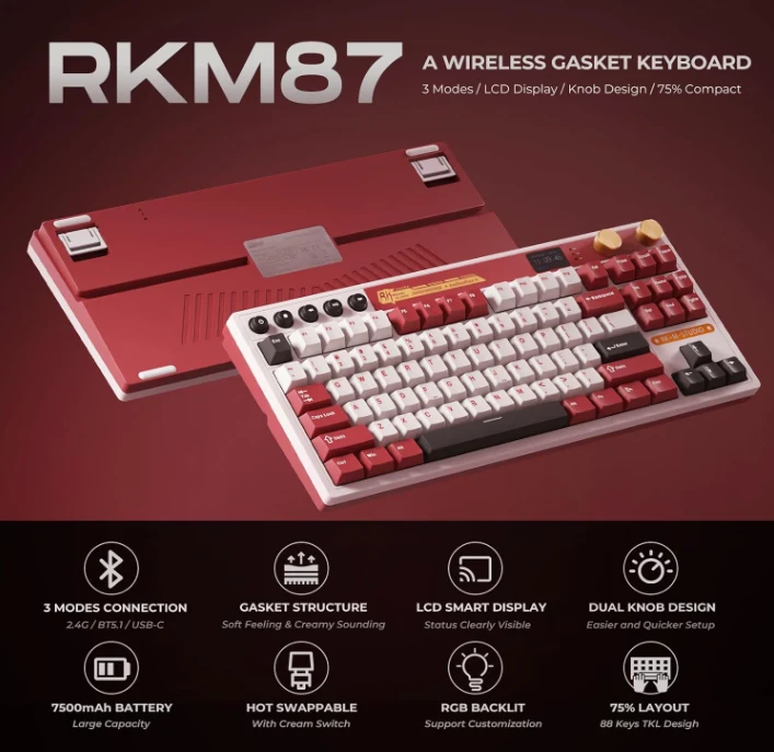 M87 RK ROYAL KLUDGE Wireless Mechanical Keyboard (Cream Switches) - Vue 5 | Keyboard Maroc