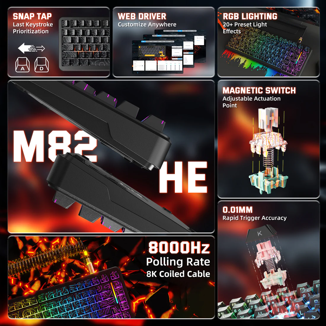MAMBASNAKE M82 HE Hall Effect Magnetic Switch 75% Rapid Trigger Gaming Keyboard with 8KHz RGB Coiled Cable (Black) - Vue 7 | Keyboard Maroc
