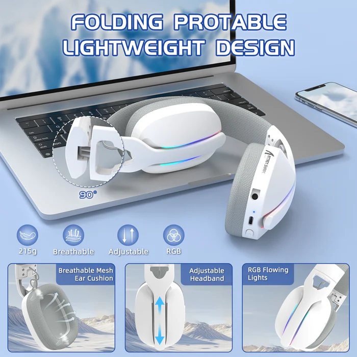 ATTACK SHARK L90 Foldable RGB Ultra-Light Tri-Mode Gaming Headset (White) - Vue 7 | Gaming Headset Maroc