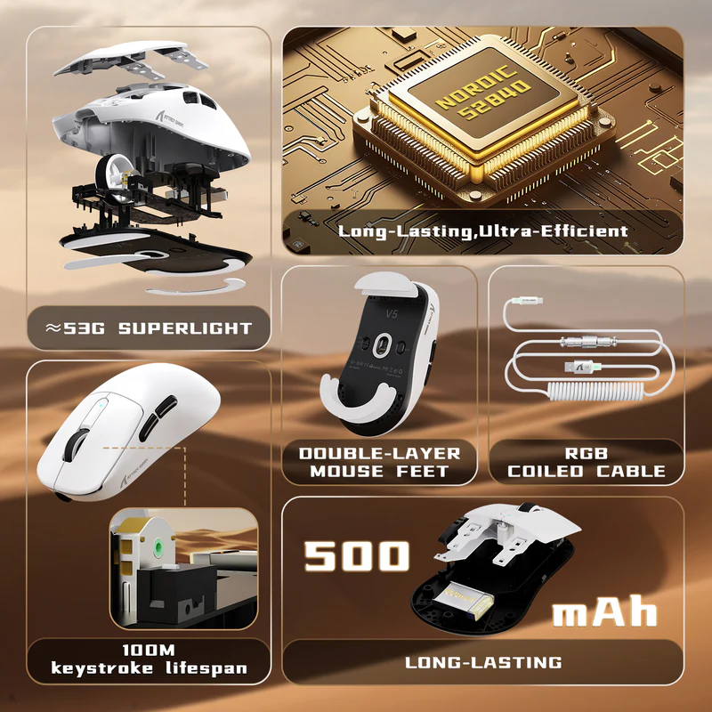 ATTACK SHARK V5 8KHz Wireless PAW3950MAX Gaming Mouse with C06 Ultra Cable - Vue 3 | Mouse Maroc