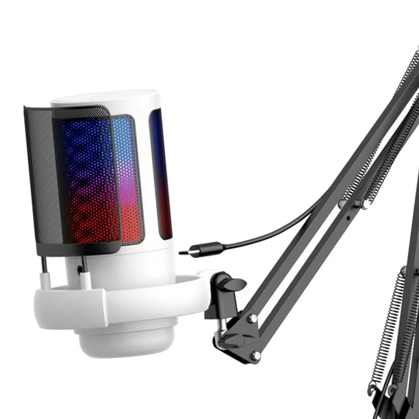 ME6S-35 USB Gaming Microphone – RGB Condenser Mic with Tap-to-Mute, Gain Control & Boom Arm for PC, PS4/PS5, Mac, Phone (white) - Vue 3 | Microphone Maroc