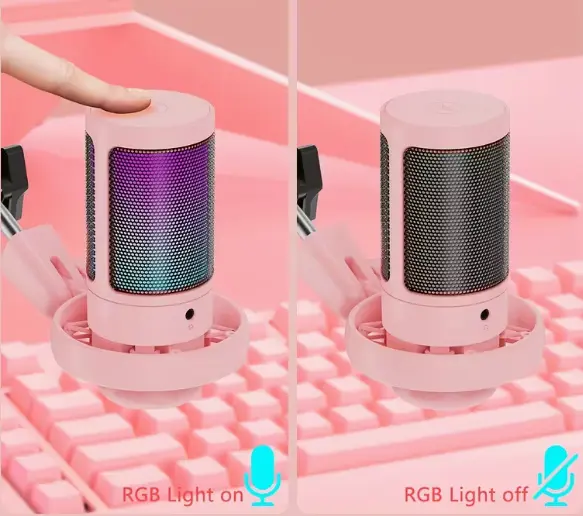 ME6S-35 USB Gaming Microphone – RGB Condenser Mic with Tap-to-Mute, Gain Control & Boom Arm for PC, PS4/PS5, Mac, Phone (Pink) - Vue 4 | Microphone Maroc