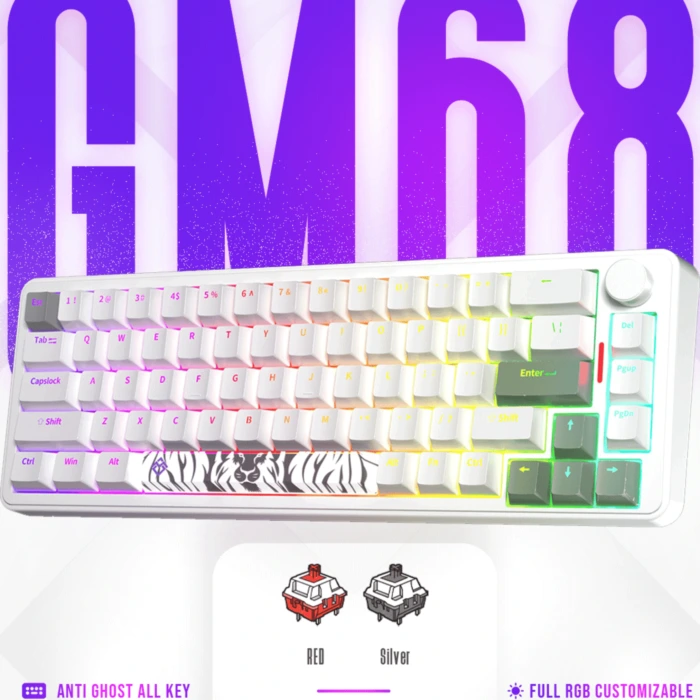Golden Lion GM68 65% Hot-Swappable Mechanical Keyboard Red/Silver Switches (White) - Vue 3 | Keyboard Maroc