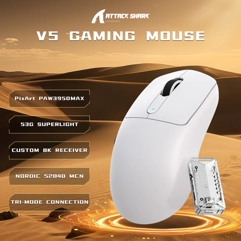 ATTACK SHARK V5 8KHz Wireless PAW3950MAX Gaming Mouse with C06 Ultra Cable - Vue 2 | Mouse Maroc