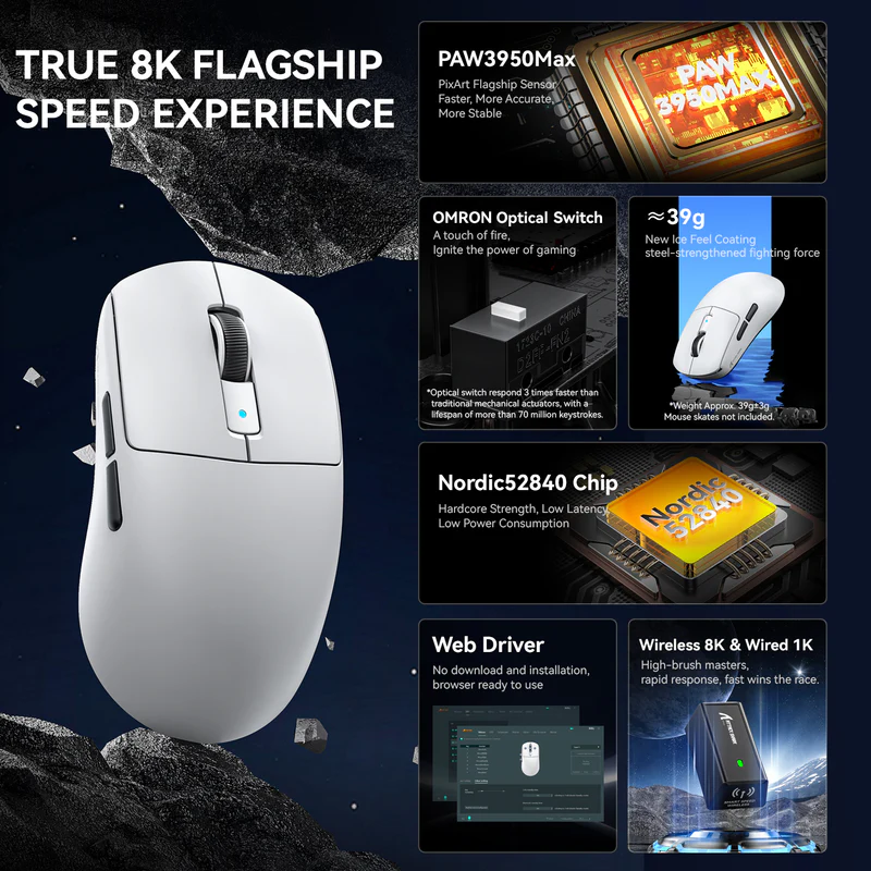 ATTACK SHARK R6 Ultralight 39g Gaming Mouse – PAW3950MAX Sensor, 8KHz Wireless, 42000 DPI, Ice Coating - Vue 3 | Mouse Maroc