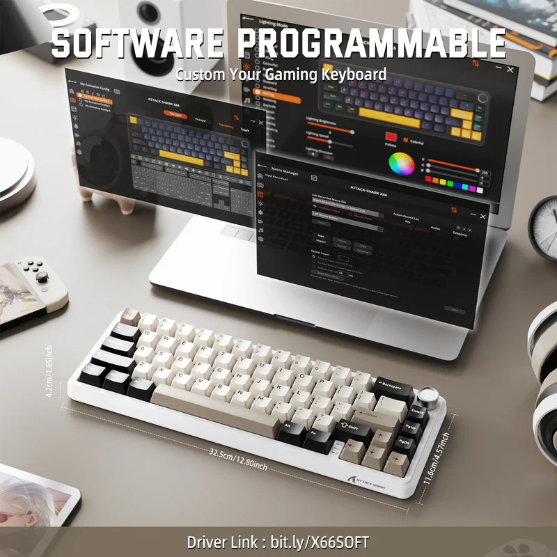 ATTACK SHARK X66 60% Wireless Mechanical Keyboard – Gasket Mount, Tri-Mode, Pre-Lubed Switches, RGB, PBT Keycaps (White Cheese) - Vue 4 | Keyboard Maroc