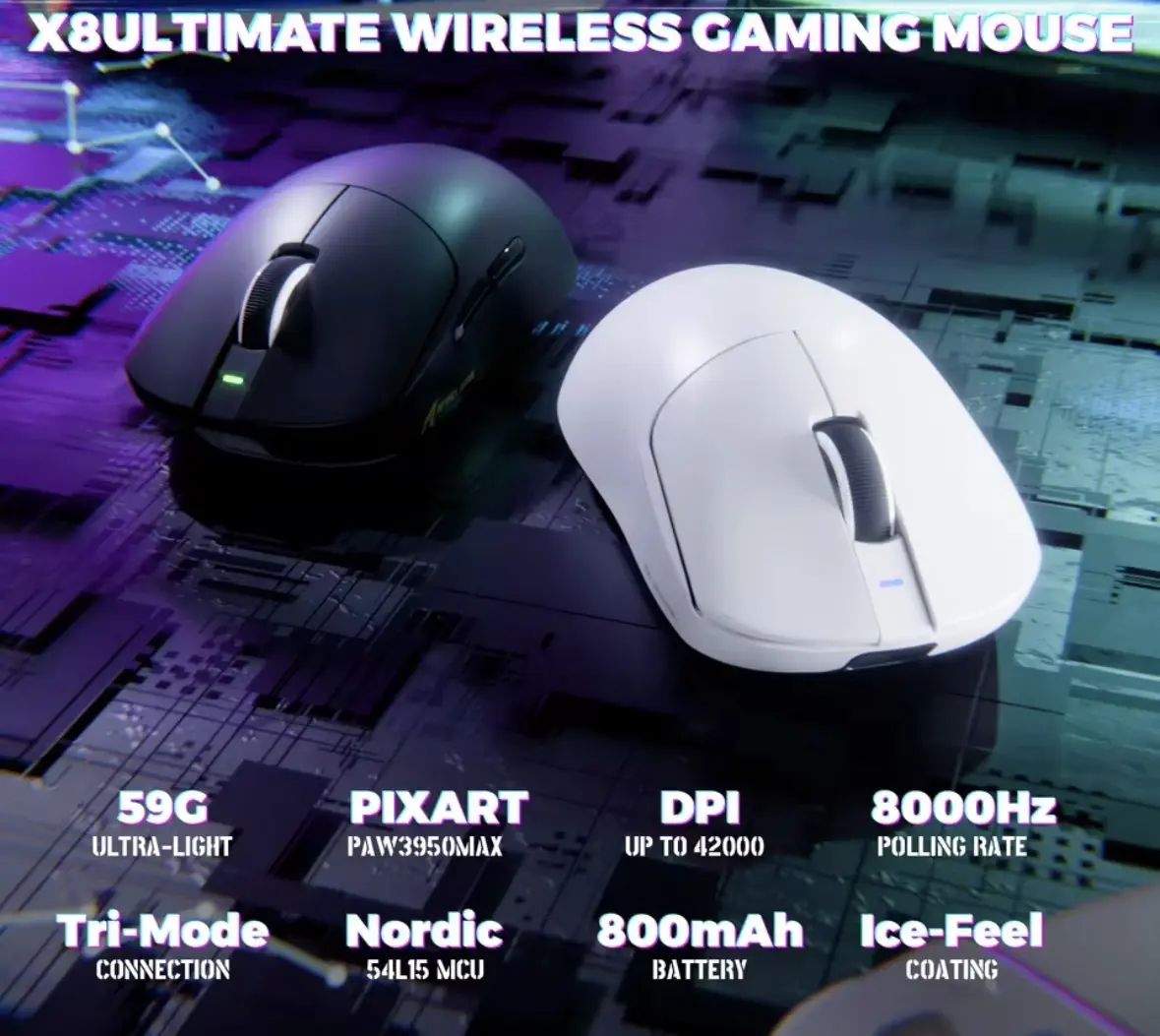ATTACK SHARK X8 Ultimate – Wireless Gaming Mouse | PAW3950MAX Sensor | 8K Polling | Black - Vue 2 | Mouse Maroc