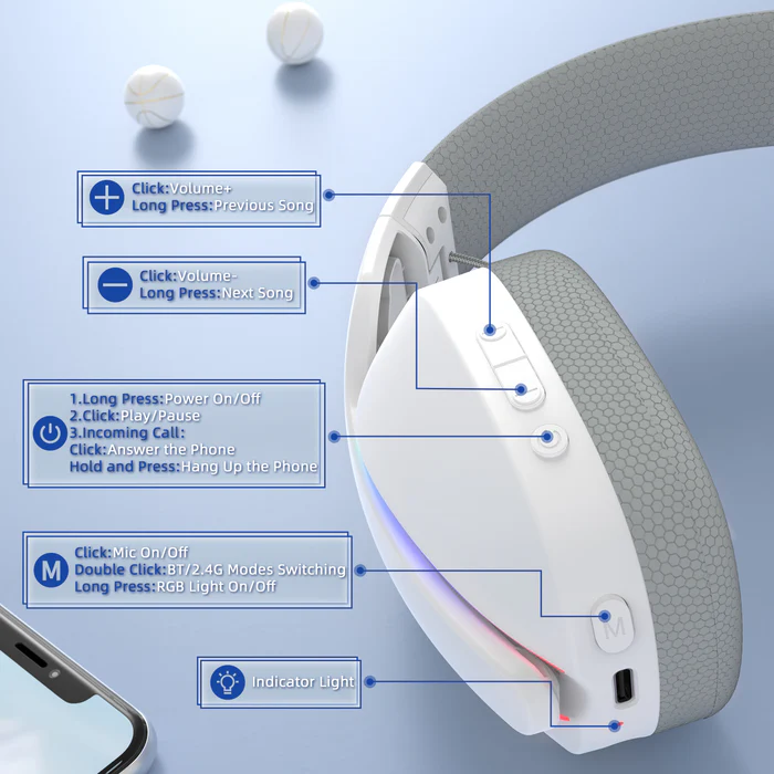 ATTACK SHARK L90 Foldable RGB Ultra-Light Tri-Mode Gaming Headset (White) - Vue 4 | Gaming Headset Maroc