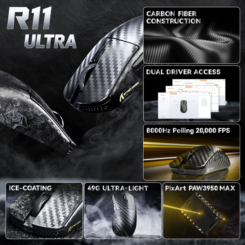 ATTACK SHARK R11 ULTRA Carbon Fiber Wireless Gaming Mouse With C06 Coiled Cable Weave Black - Vue 6 | Mouse Maroc