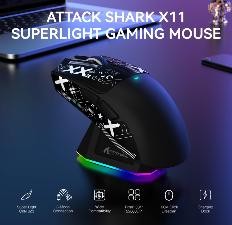 ATTACK SHARK X11 Wireless Gaming Mouse with Charging Dock (black) - Vue 3 | Mouse Maroc