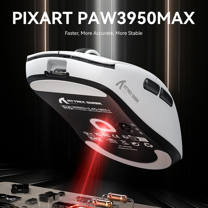 ATTACK SHARK R6 Ultralight 39g Gaming Mouse – PAW3950MAX Sensor, 8KHz Wireless, 42000 DPI, Ice Coating - Vue 4 | Mouse Maroc