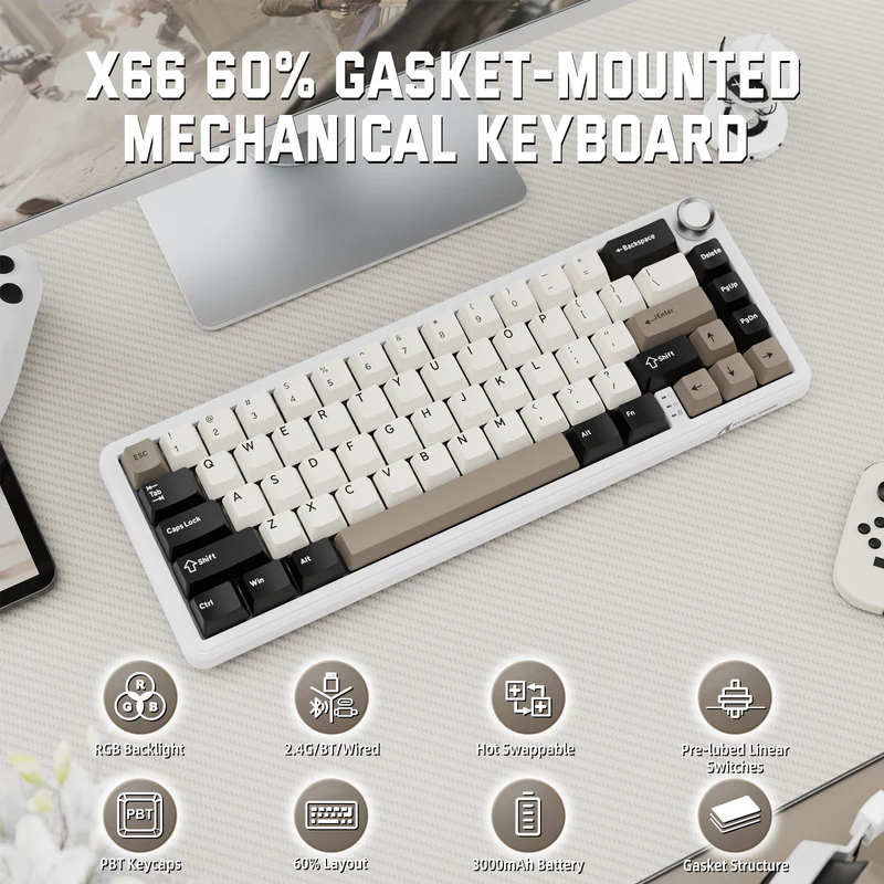 ATTACK SHARK X66 60% Wireless Mechanical Keyboard – Gasket Mount, Tri-Mode, Pre-Lubed Switches, RGB, PBT Keycaps (White Cheese) - Vue 5 | Keyboard Maroc
