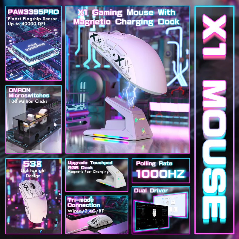 ATTACK SHARK X1 – Ultra-Light Tri-Mode Gaming Mouse - Vue 2 | Mouse Maroc
