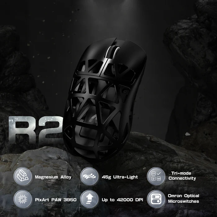 ATTACK SHARK R2 45g Magnesium Alloy Gaming Mouse – 8K Wireless, PAW3950 Sensor, 42000 DPI, Tri-Mode Connectivity (Black) - Vue 3 | Mouse Maroc