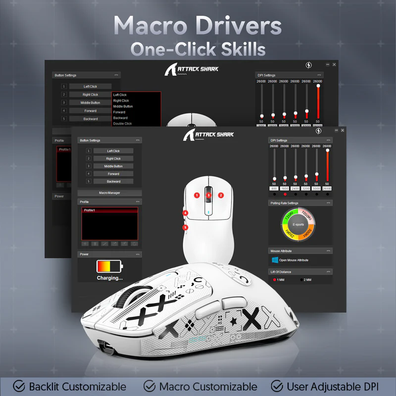 ATTACK SHARK X3PRO Three Modes 8K Gaming Mouse (white) - Vue 4 | Mouse Maroc