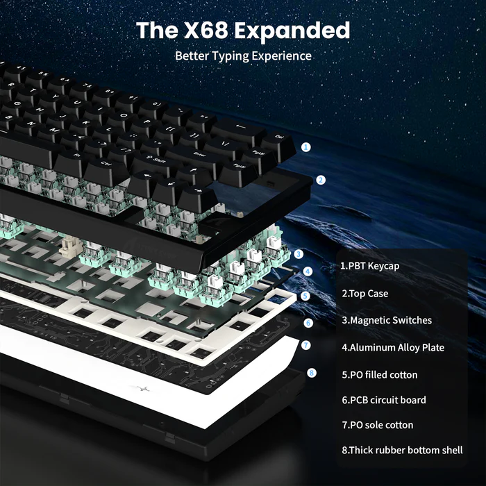 ATTACK SHARK X68 HE Rapid Trigger Keyboard Magnetic Switch with C01PRO Coiled Cable - Vue 4 | Magnetic Keyboards Maroc