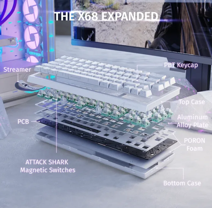 ATTACK SHARK X68 HE Rapid Trigger Magnetic Switch Keyboard White Contours - Vue 3 | Keyboard , Magnetic Keyboards Maroc